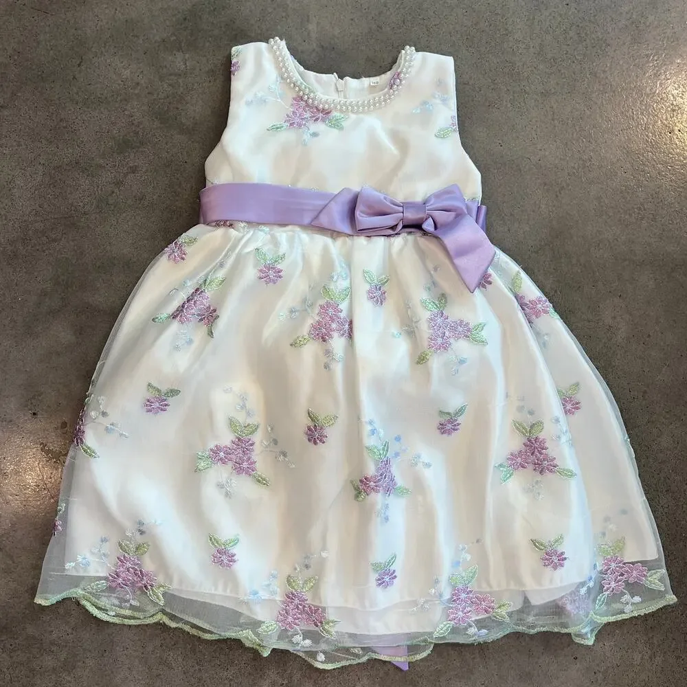 Girls floral Embroidered lavendar satin bow formal dress pearl collar Toddler 4T